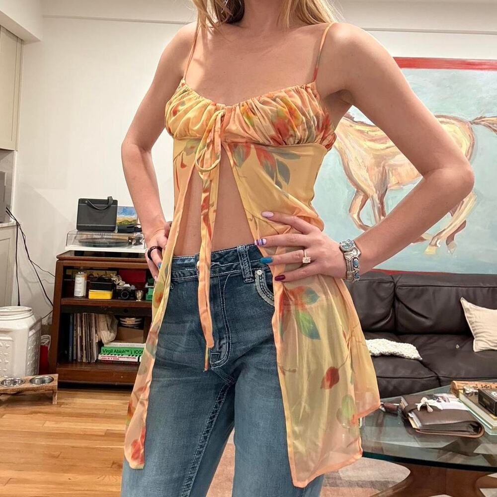 Yellow floral tie front top